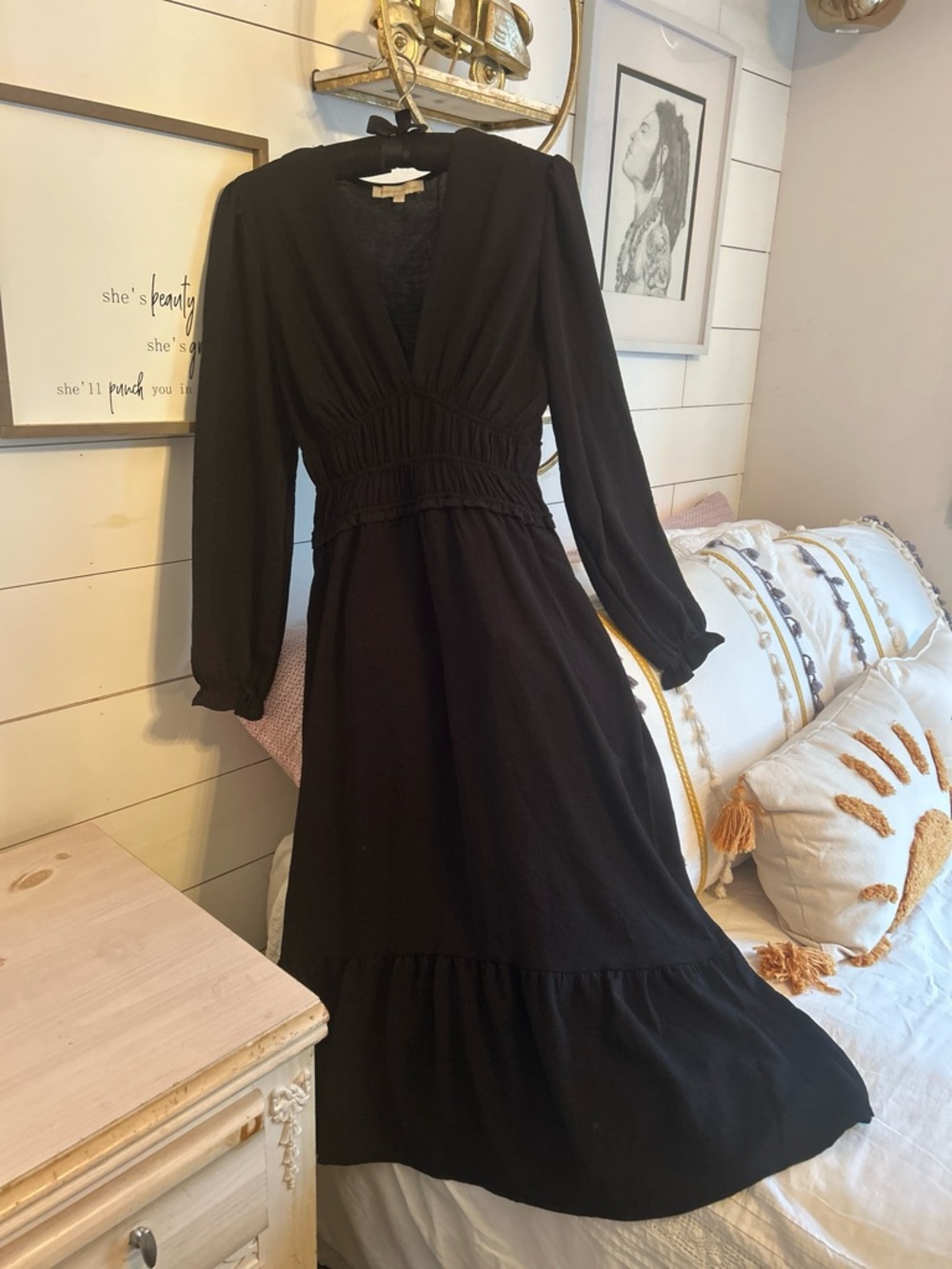 Long Sleeve Black V-Neck Midi Dress with Shirred Waist